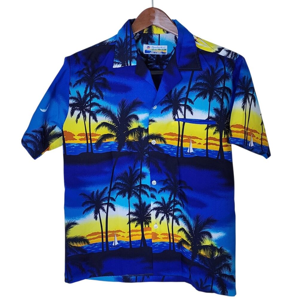 Shoreline Hawaii Mens Hawaiian Shirt Blue Tropical Sunset Palm Trees Fits L